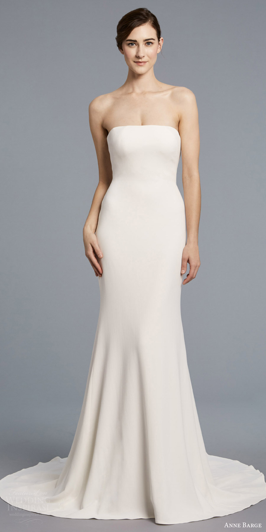 anne barge spring 2018 bridal strapless straight across minimal embellishment sheath column wedding dress (bardot) mv train