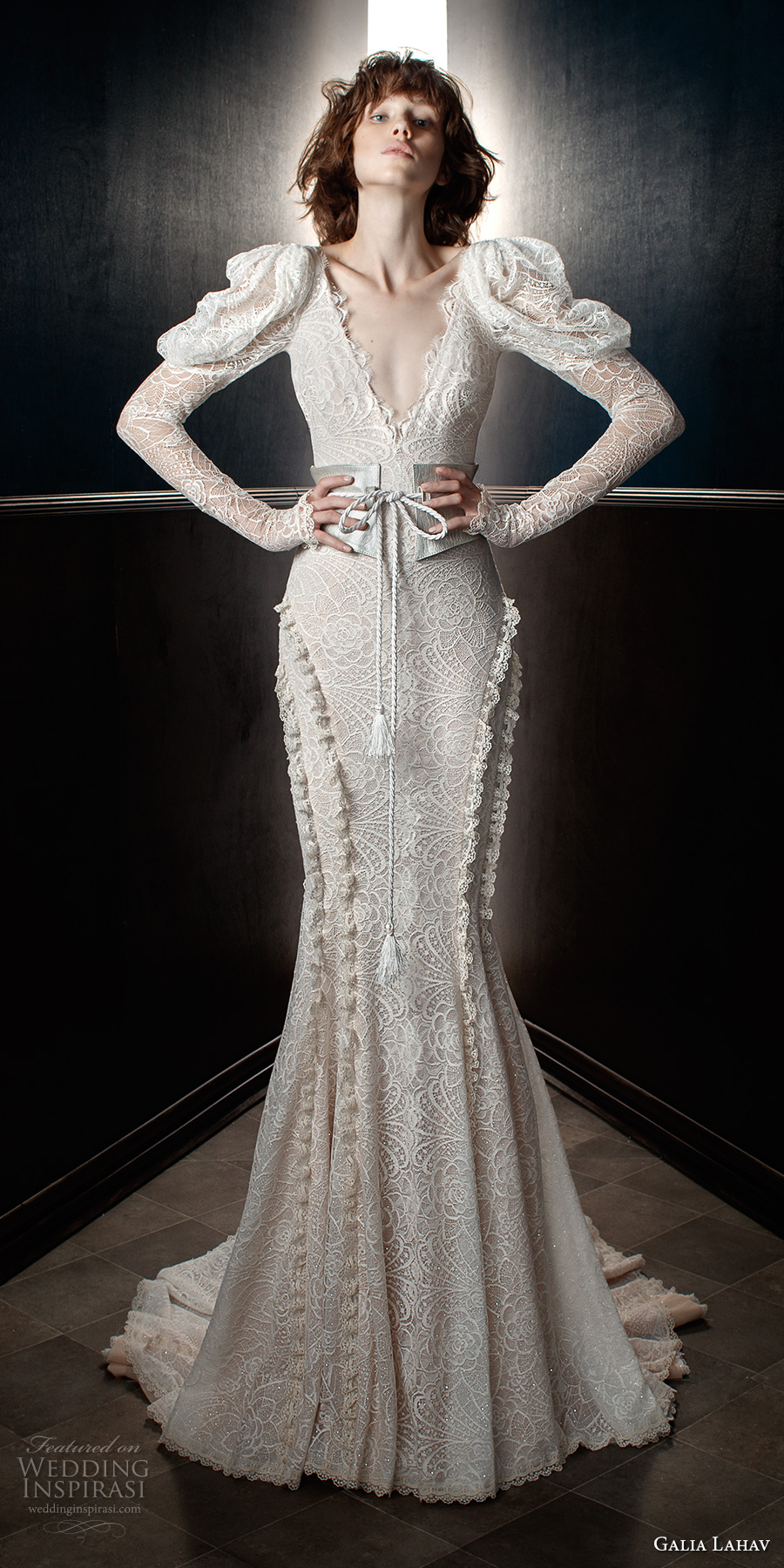 galia lahav spring 2018 bridal leg of mutton long sleeves v neck full embellishment elegant vintage fit and flare wedding dress open v back chapel train (charlie and molly belt) mv