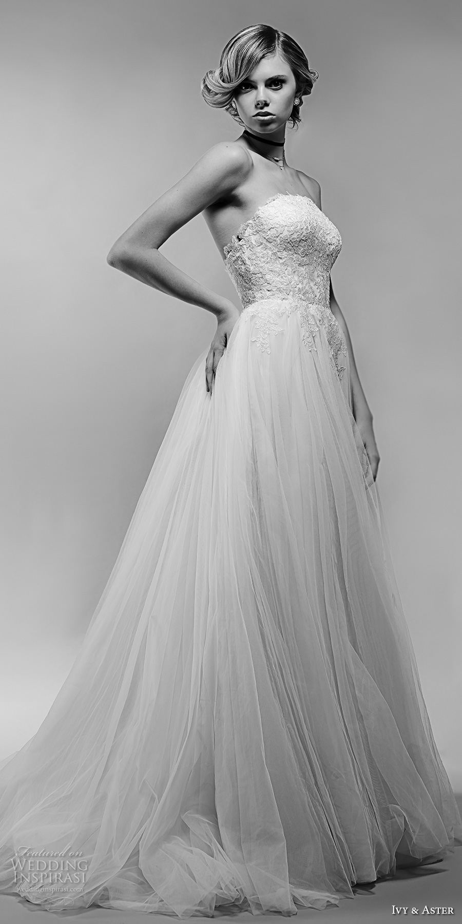 ivy and aster spring 2018 bridal strapless heavily embellished bodice tulle skirt romantic a  line wedding dress open back chapel train (aurelle) mv