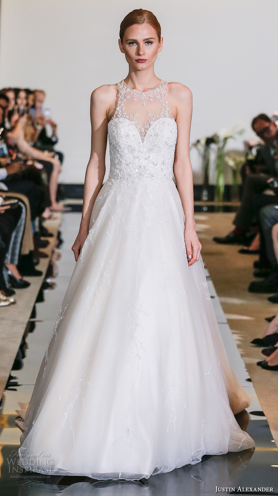 justin alexander spring 2018 bridal sleeveless illusion halter sweetheart neckline heavily embellished bodice romantic a  line wedding dress chapel train (24) mv