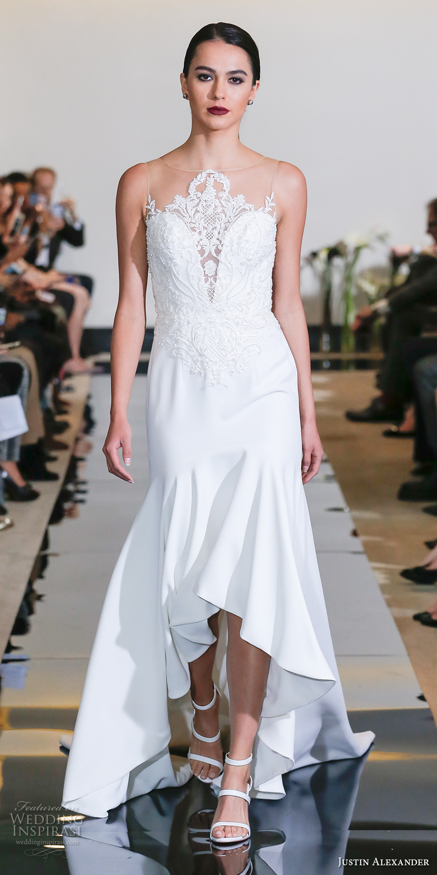 justin alexander spring 2018 bridal sleeveless illusion jewel sweetheart neckline heavily embellished bodice elegant high low fit and flare wedding dress chapel train (07) mv