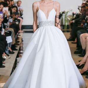 justin alexander spring 2018 bridal spagetti strap deep plunging sweetheart neckline simple clean embellished belt ball gown wedding dress chapel train (06) mv