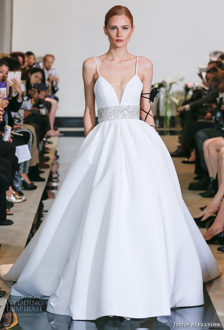 justin alexander spring 2018 bridal spagetti strap deep plunging sweetheart neckline simple clean embellished belt ball gown wedding dress chapel train (06) mv