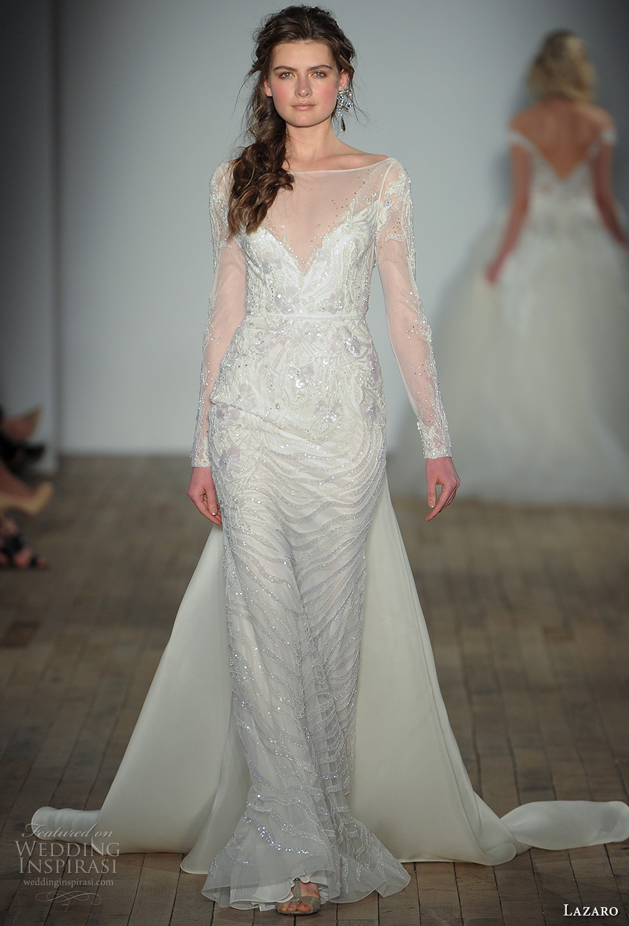 lazaro fall 2017 bridal llong sleeves illusion boat v neck full embellishment elegant glamorous sheath wedding dress open v back chapel train (08) mv lazaro fall 2017 bridal llong sleeves illusion boat v neck full embellishment elegant glamorous sheath wedding dress open v back chapel train (08) mv