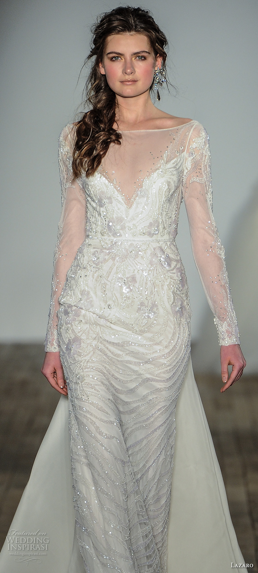 lazaro fall 2017 bridal llong sleeves illusion boat v neck full embellishment elegant glamorous sheath wedding dress open v back chapel train (08) zv lazaro fall 2017 bridal llong sleeves illusion boat v neck full embellishment elegant glamorous sheath wedding dress open v back chapel train (08) zv