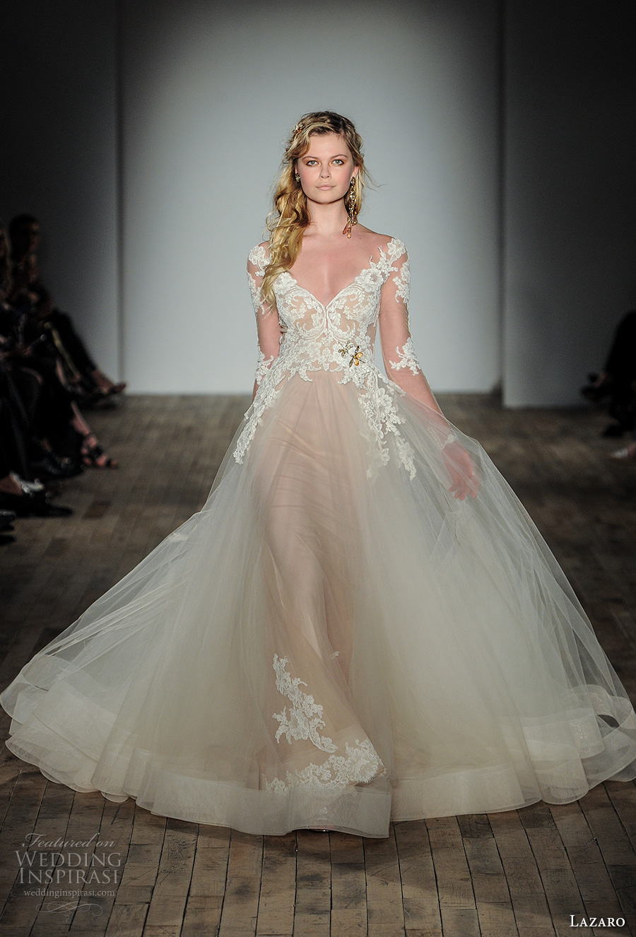 lazaro fall 2017 bridal long sleeves v neck heavily embellished bodice tulle skirt romantic princess ball gown wedding dress covered lace back chapel train (16) mv lazaro fall 2017 bridal long sleeves v neck heavily embellished bodice tulle skirt romantic princess ball gown wedding dress covered lace back chapel train (16) mv