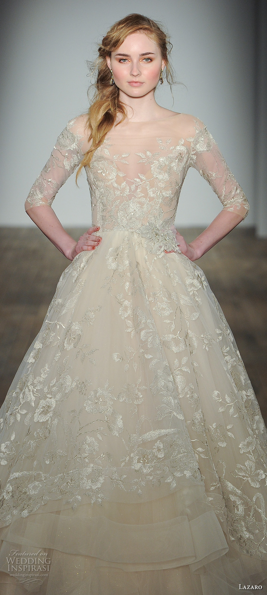 lazaro fall 2017 bridal off the shoulder illusion straight across neck full embellishment champagne color off white princess romantic a line wedding dress covered lace back chapel train (05) zv lazaro fall 2017 bridal off the shoulder illusion straight across neck full embellishment champagne color off white princess romantic a line wedding dress covered lace back chapel train (05) zv