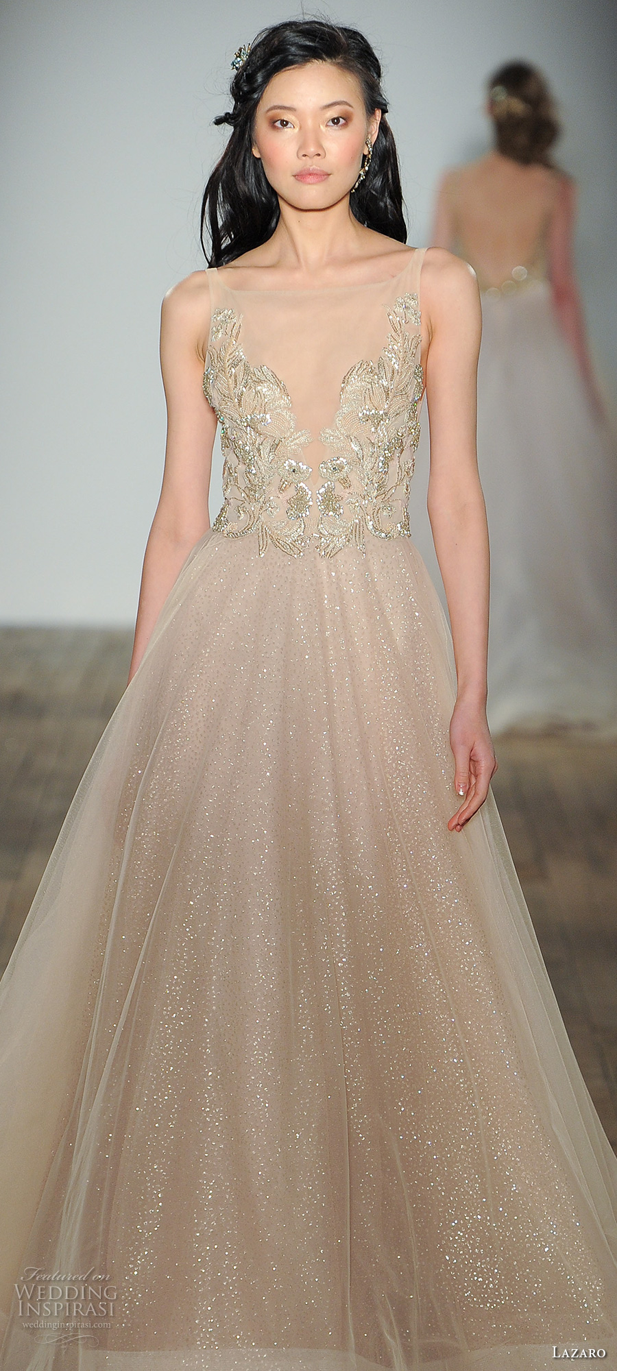 lazaro fall 2017 bridal sleeveless illusion bateau v neck heavily embellished bodice gold champagne color romantic a line wedding dress (03) zv lazaro fall 2017 bridal sleeveless illusion bateau v neck heavily embellished bodice gold champagne color romantic a line wedding dress (03) zv