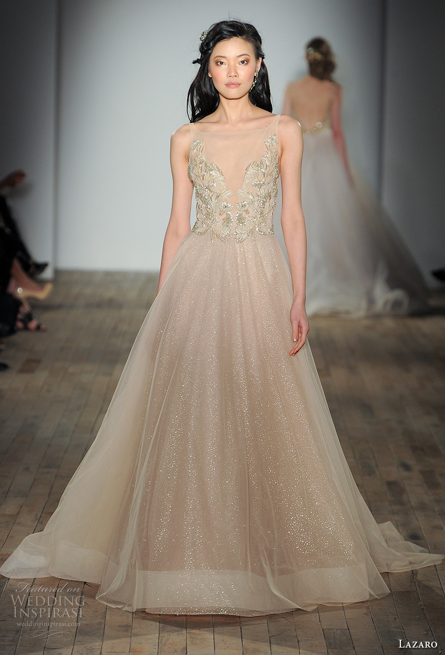 lazaro fall 2017 bridal sleeveless illusion bateau v neck heavily embellished bodice gold champagne color romantic a line wedding dress open v back chapel train (03) mv lazaro fall 2017 bridal sleeveless illusion bateau v neck heavily embellished bodice gold champagne color romantic a line wedding dress open v back chapel train (03) mv