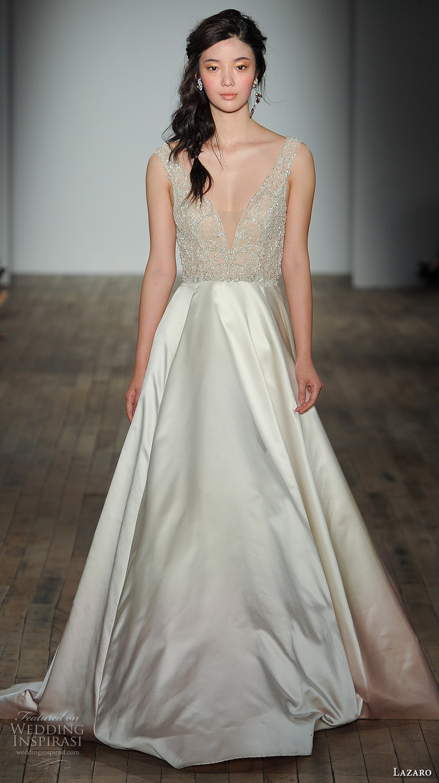 lazaro fall 2017 bridal sleeveless strap deep v neck heavily embellished bodice satin skirt champagne color romantic a line wedding dress open v back chapel back (11) mv lazaro fall 2017 bridal sleeveless strap deep v neck heavily embellished bodice satin skirt champagne color romantic a line wedding dress open v back chapel back (11) mv