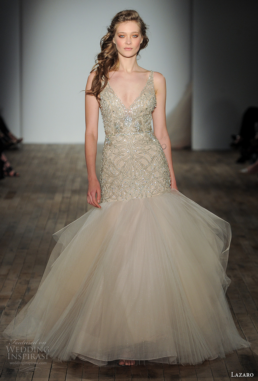 lazaro fall 2017 bridal sleeveless thin strap v neck heavily embellished bodice gilitter champagne color tulle skirt glamorous elegant mermaid wedding dress keyhole back chapel train (15) mv lazaro fall 2017 bridal sleeveless thin strap v neck heavily embellished bodice gilitter champagne color tulle skirt glamorous elegant mermaid wedding dress keyhole back chapel train (15) mv