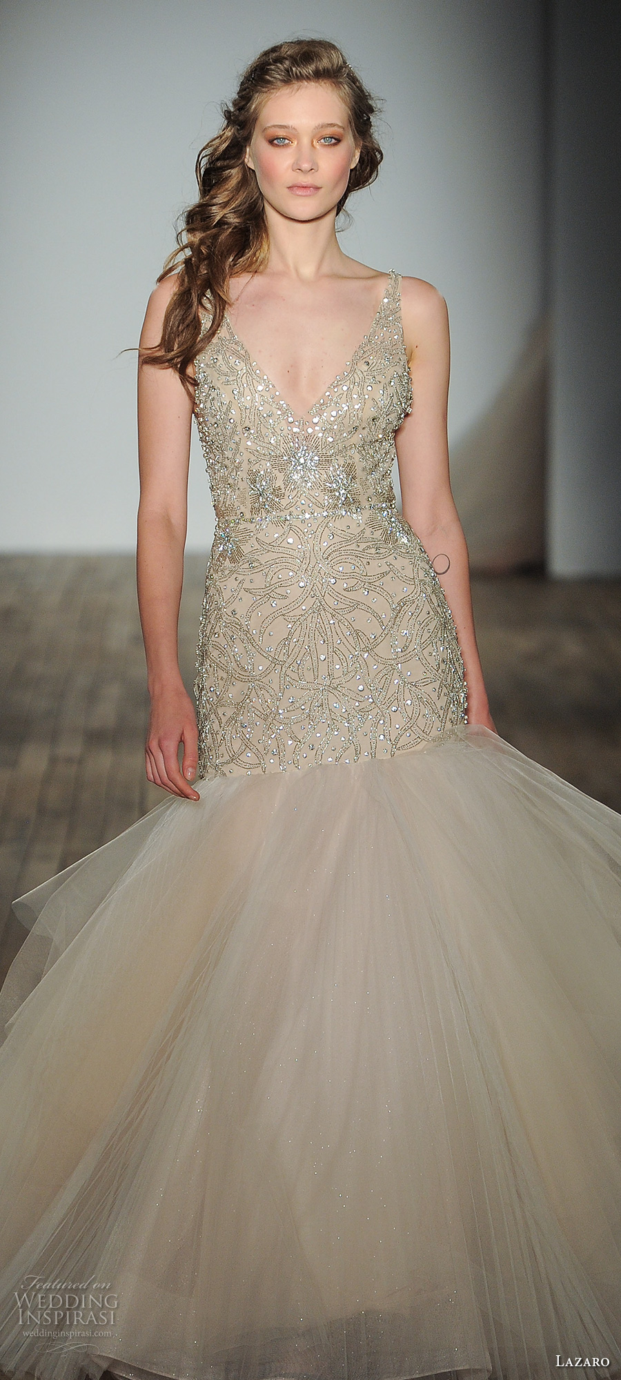 lazaro fall 2017 bridal sleeveless thin strap v neck heavily embellished bodice gilitter champagne color tulle skirt glamorous elegant mermaid wedding dress keyhole back chapel train (15) zv lazaro fall 2017 bridal sleeveless thin strap v neck heavily embellished bodice gilitter champagne color tulle skirt glamorous elegant mermaid wedding dress keyhole back chapel train (15) zv