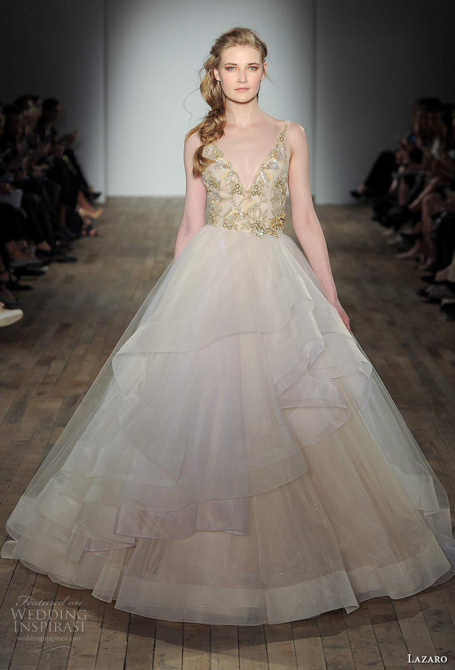 lazaro fall 2017 bridal sleeveless v neck heavily embellished bodice gold beaded layered skirt princess ball gown a line wedding dress open v back chapel train (02) mv lazaro fall 2017 bridal sleeveless v neck heavily embellished bodice gold beaded layered skirt princess ball gown a line wedding dress open v back chapel train (02) mv