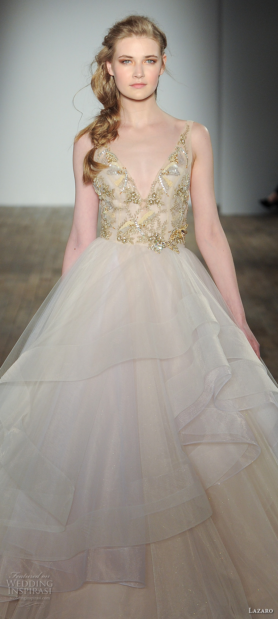 lazaro fall 2017 bridal sleeveless v neck heavily embellished bodice gold beaded layered skirt princess ball gown a line wedding dress open v back chapel train (02) zv lazaro fall 2017 bridal sleeveless v neck heavily embellished bodice gold beaded layered skirt princess ball gown a line wedding dress open v back chapel train (02) zv