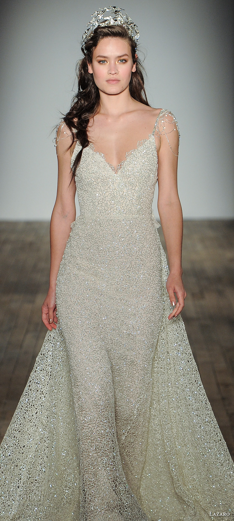 lazaro fall 2017 bridal spagetti strap deep sweetheart neckline glitter bodice elegant glamorous sheath wedding dress a line overskirt open back chapel train (17) zv lazaro fall 2017 bridal spagetti strap deep sweetheart neckline glitter bodice elegant glamorous sheath wedding dress a line overskirt open back chapel train (17) zv