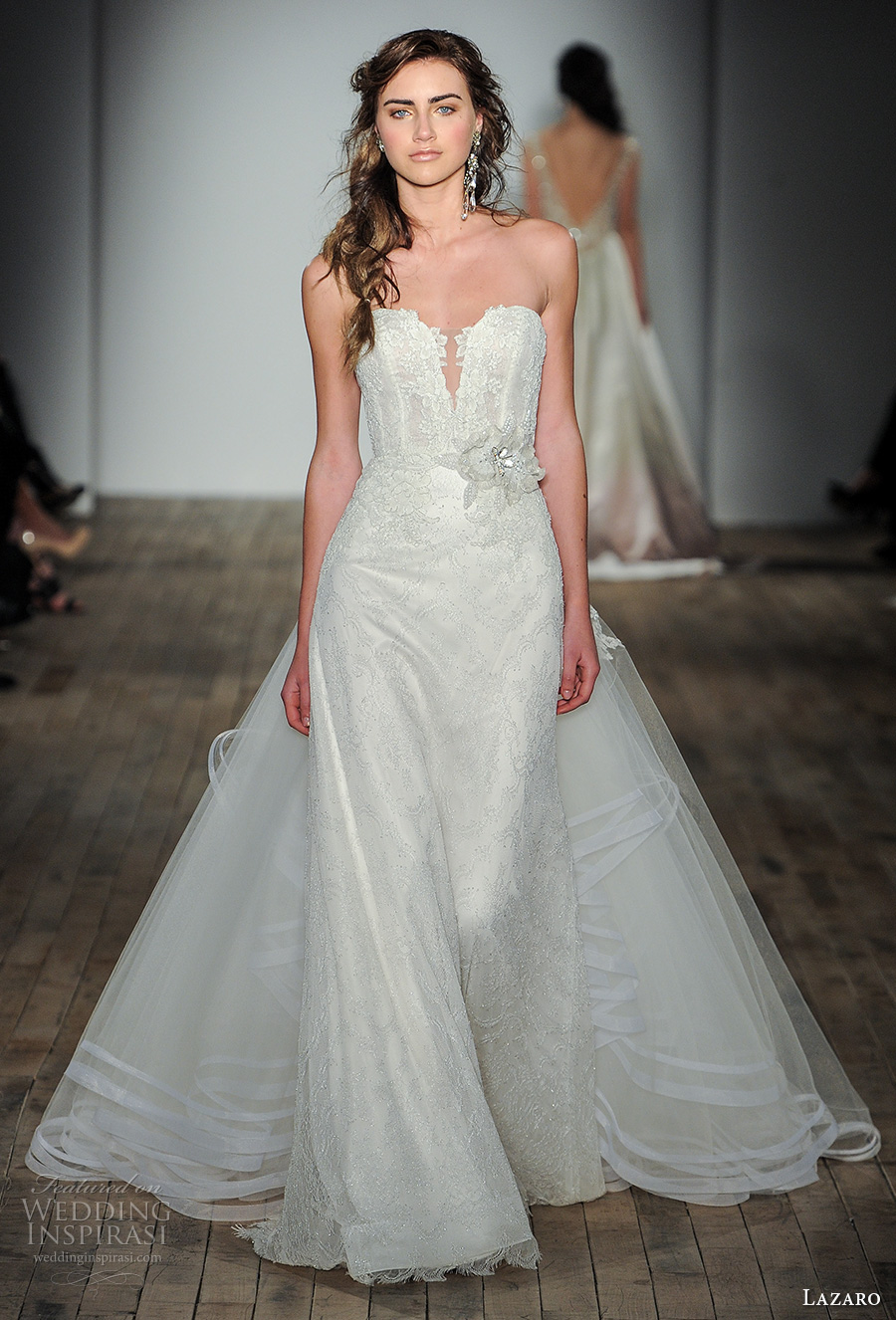 lazaro fall 2017 bridal strapless deep plunging sweetheart neckline heavily embellished bodice sexy elegant modififed a line wedding dress overskirt chapel train (12) mv lazaro fall 2017 bridal strapless deep plunging sweetheart neckline heavily embellished bodice sexy elegant modififed a line wedding dress overskirt chapel train (12) mv