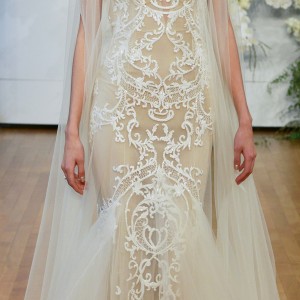 monique lhuillier spring 2018 bridal hanging sleeves illusion high neck sweetheart neckline full embellishment elegant glamorous sheath wedding dress chapel train (bastille) mv