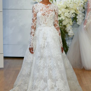 monique lhuillier spring 2018 bridal long sleeves illusion jewel deep plunging sweetheart neckline full embellishment romantic a  line wedding dress open v back chapel train (sistine) mv