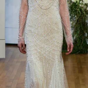 monique lhuillier spring 2018 bridal long sleeves spagetti strap scoop neckline full embellishment beaded elegant glamorous column wedding dress covered beaded back chapel train (samathan) mv
