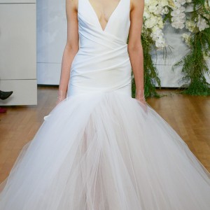 monique lhuillier spring 2018 bridal sleeveless deep v neck simple wrap over bodice tulle skirt romantic drop waist a  line wedding dress open scoop back chapel train (valerie) mv