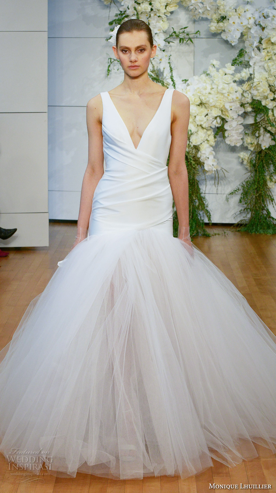 monique lhuillier spring 2018 bridal sleeveless deep v neck simple wrap over bodice tulle skirt romantic drop waist a  line wedding dress open scoop back chapel train (valerie) mv