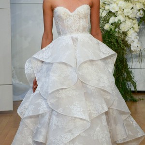 monique lhuillier spring 2018 bridal strapless sweetheart neckline full embellishment layered skirt romantic princess a  line wedding dress chapel train (sofia) mv