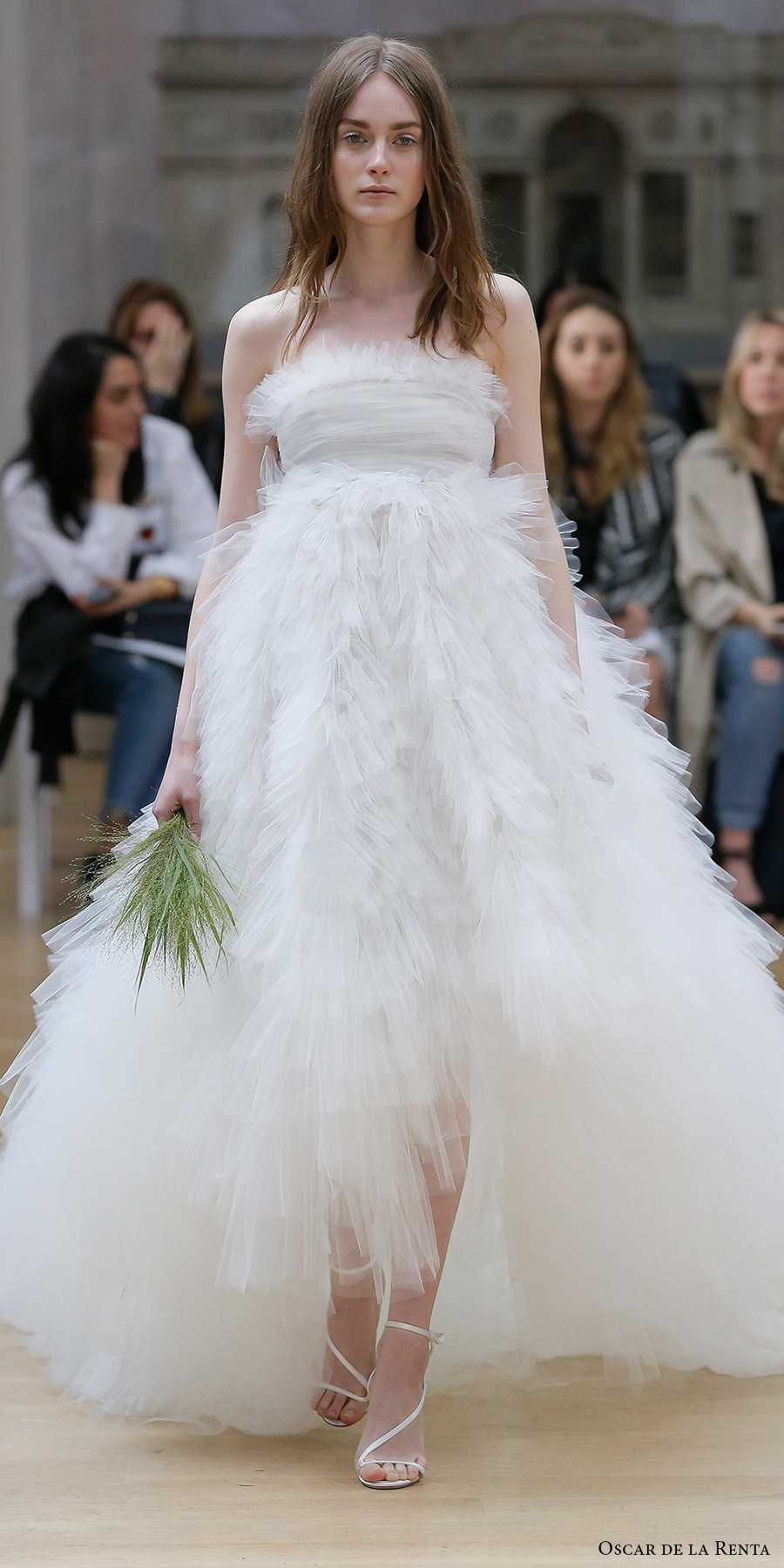 oscar de la renta spring 2018 bridal strapless straight across neckline ruched bodice rufffled skirt romantic high low ball gown wedding dress long train (07) mv 