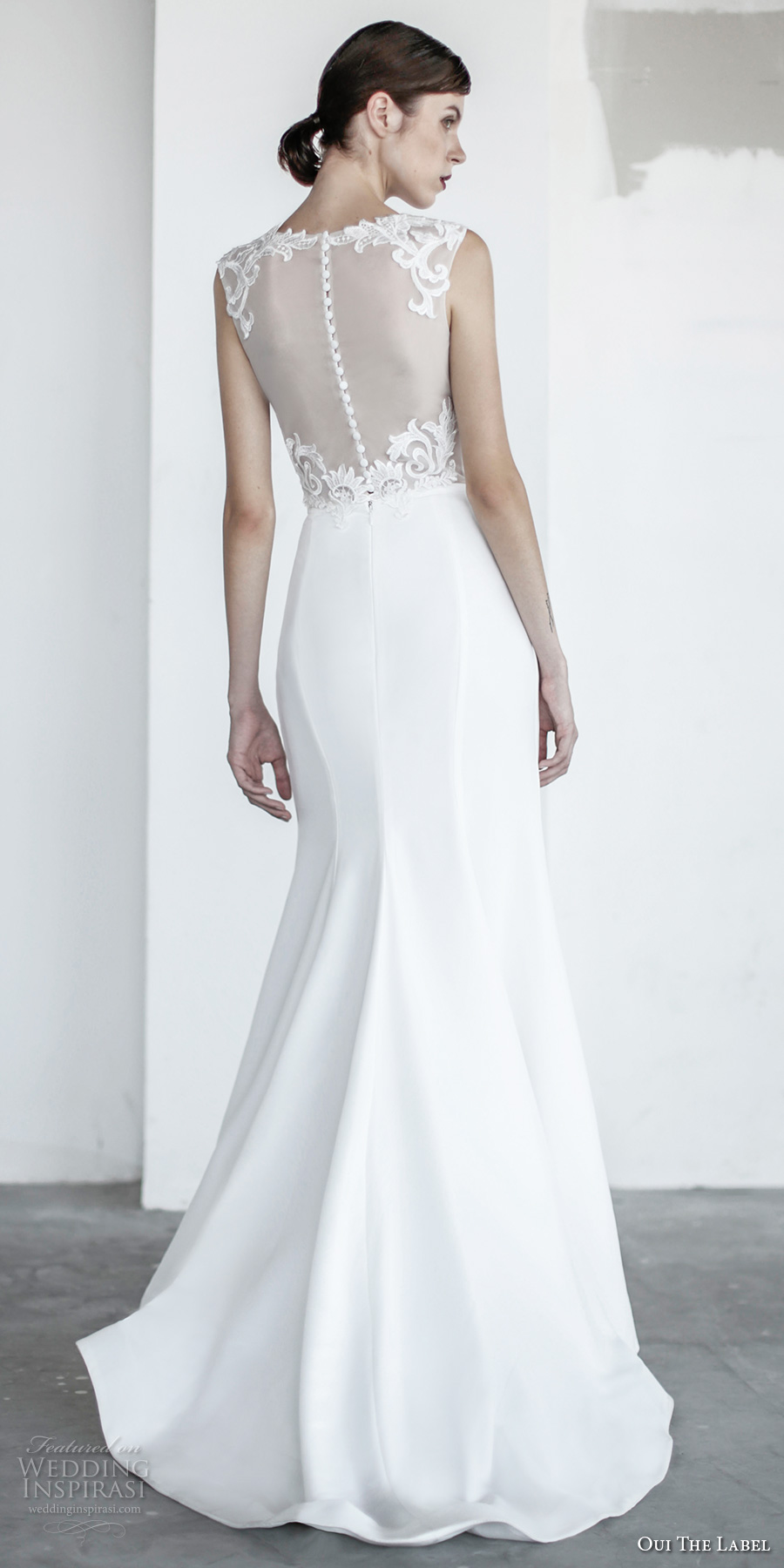 oui the label 2017 bridal sleeveless jewel neck sheer heavily embellished bodice elegant fit and flare wedding dress sheer back sweep train (4) bv