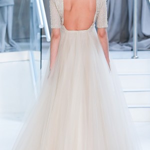 peter langner spring 2018 bridal half sleeves jewel neck full embellishment tulle overskirt a  line wedding dress open square back sweep train (19) bv