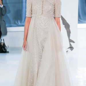peter langner spring 2018 bridal half sleeves jewel neck full embellishment tulle overskirt a  line wedding dress open square back sweep train (19) mv