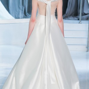 peter langner spring 2018 bridal off the shoulder straight across neckline simple clean satin a  line wedding dress chapel train (05) bv