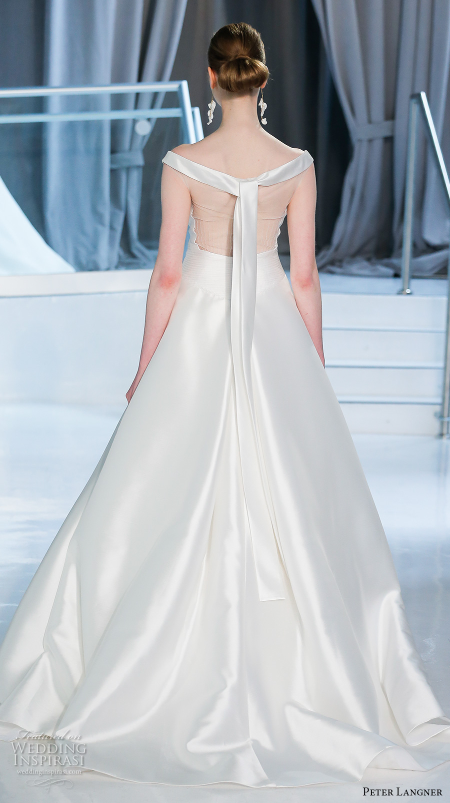 peter langner spring 2018 bridal off the shoulder straight across neckline simple clean satin a  line wedding dress chapel train (05) bv