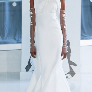 peter langner spring 2018 bridal sleeveless halter neck light embellished bodice simple elegant fit and flare wedding dress sheer back chapel train (14) mv