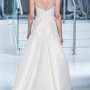 peter langner spring 2018 bridal sleeveless illusion jewel straight across neckline simple clean satin elegant sheath wedding dress chapel train (03) bv