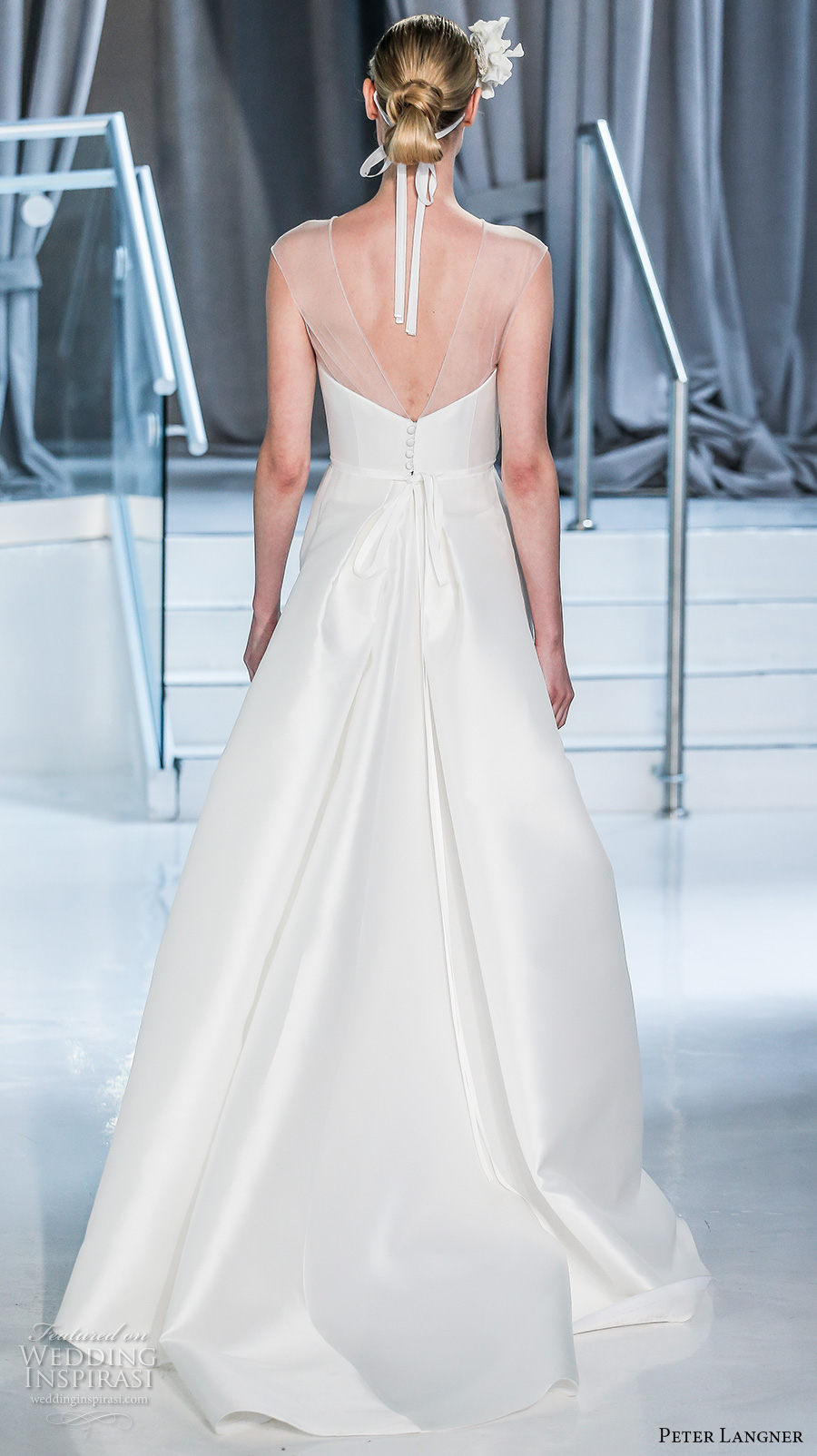 peter langner spring 2018 bridal sleeveless illusion jewel straight across neckline simple clean satin elegant sheath wedding dress chapel train (03) bv