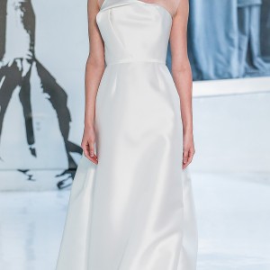 peter langner spring 2018 bridal sleeveless illusion jewel straight across neckline simple clean satin elegant sheath wedding dress chapel train (03) mv