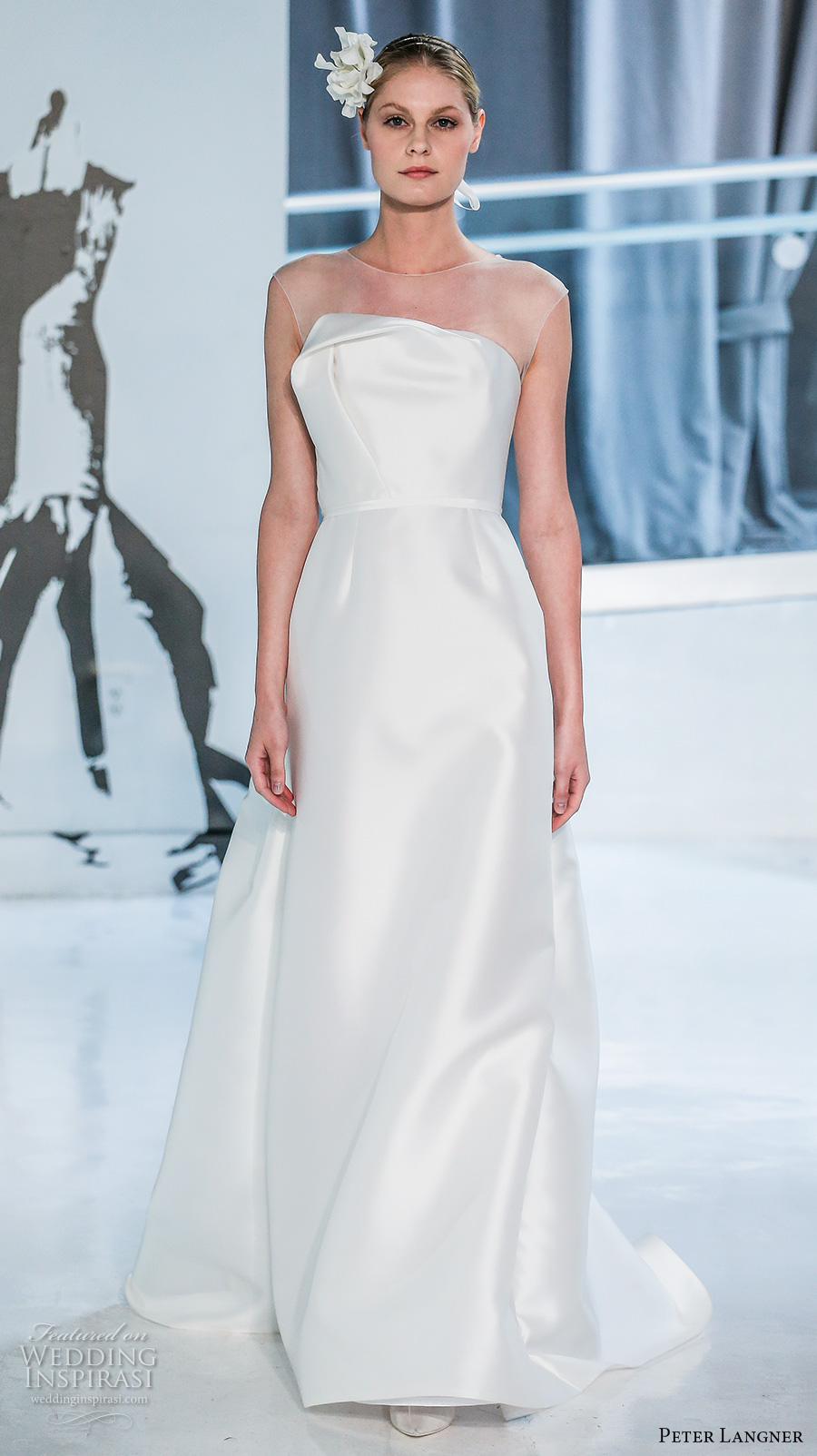 peter langner spring 2018 bridal sleeveless illusion jewel straight across neckline simple clean satin elegant sheath wedding dress chapel train (03) mv