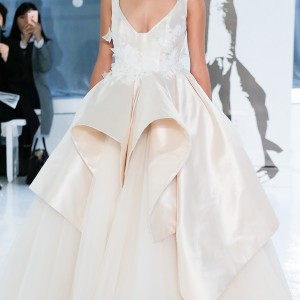 peter langner spring 2018 bridal sleeveless scoop neck heavily embellished bodice peplum ivory color princess ball gown wedding dress open v back chapel train (20) mv