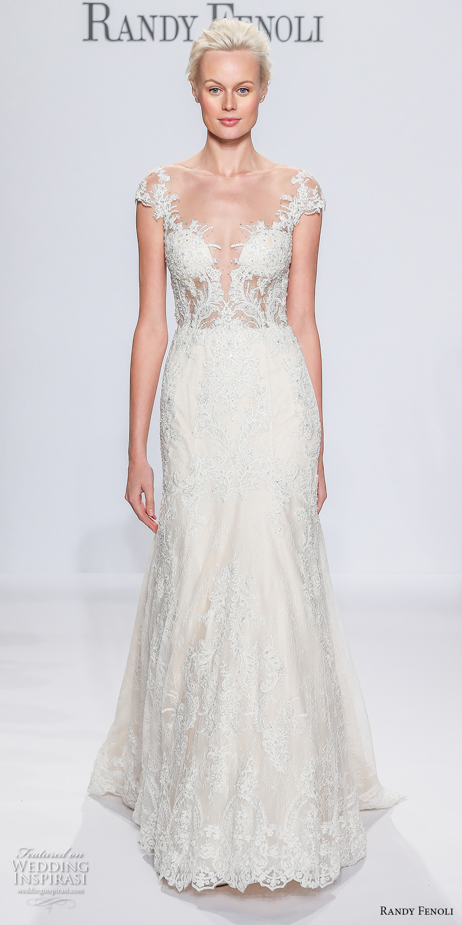 randy fenoli spring 2018 bridal cap sleeves deep plunging sweetheart neckline full embellishment fit and flare wedding dress sheer button back sweep train (09) mv