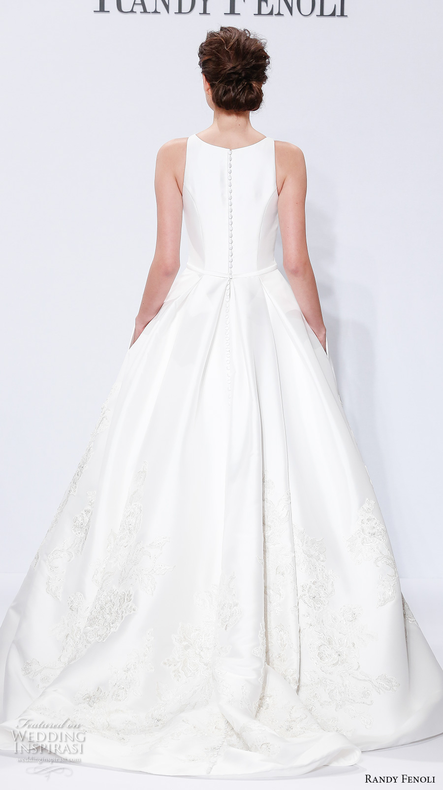 randy fenoli spring 2018 bridal sleeveless jewel neck simple clean embellished hem elegant a  line wedding dress with pockets covered back sweep train (06) bv