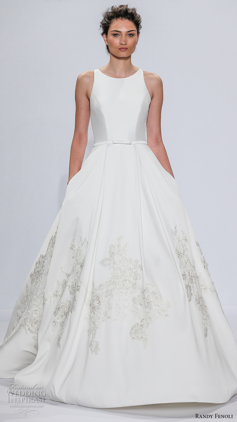 randy fenoli spring 2018 bridal sleeveless jewel neck simple clean embellished hem elegant a  line wedding dress with pockets covered back sweep train (06) mv