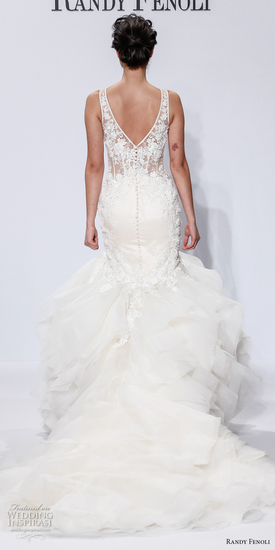 randy fenoli spring 2018 bridal sleeveless v neck heavily embellished bodice ruffled skirt elegant glamorous mermaid wedding dress open v back chapel train (24) bv