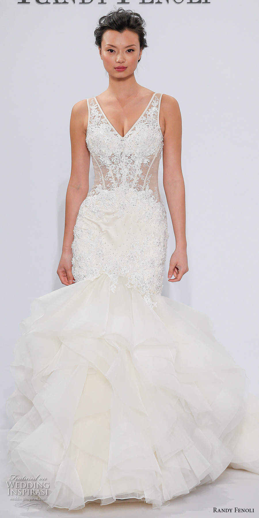 randy fenoli spring 2018 bridal sleeveless v neck heavily embellished bodice ruffled skirt elegant glamorous mermaid wedding dress open v back chapel train (24) mv