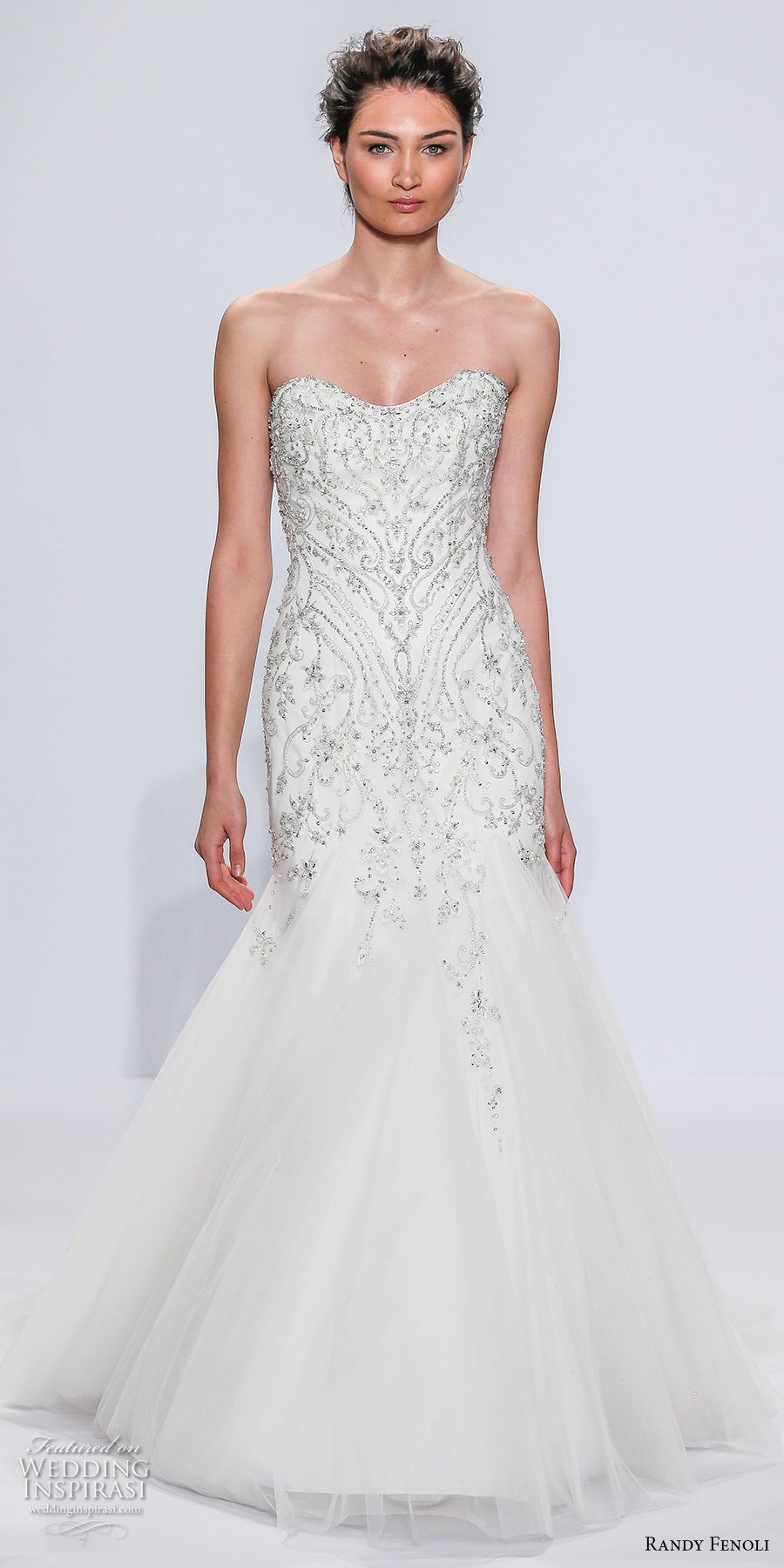 randy fenoli spring 2018 bridal strapless semi sweetheart neckline heavily embellished bodice beaded tulle skirt mermaid wedding dress chapel train (13) mv