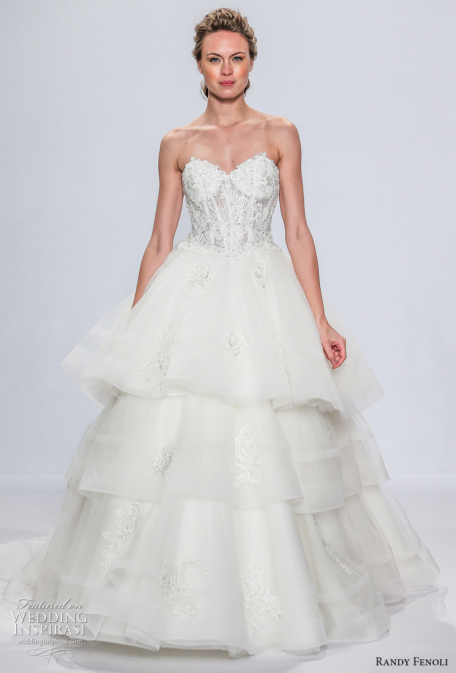 randy fenoli spring 2018 bridal strapless sweertheart neckline heavily embellished bodice bustier layered skirt romantic sexy a  line wedding dress sweep train (09) mv