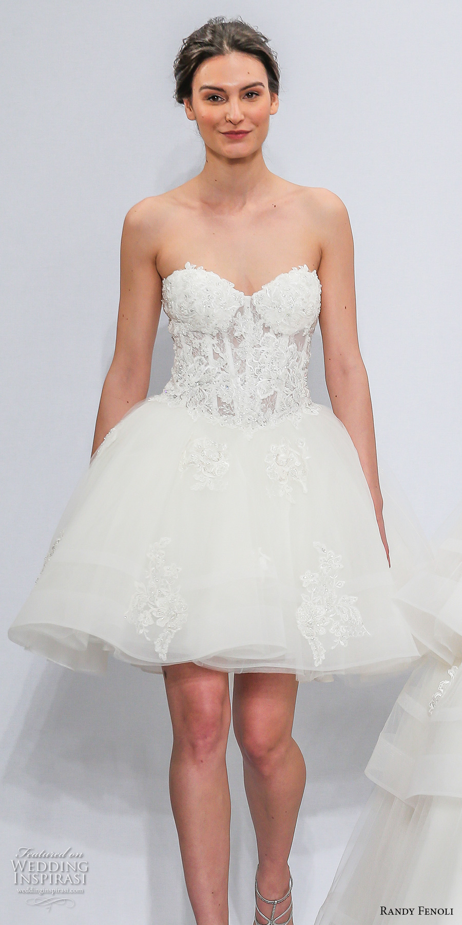 randy fenoli spring 2018 bridal strapless sweetheart neckline heavily embellished bodice bustier romantic above the knee short wedding dress (25) mv