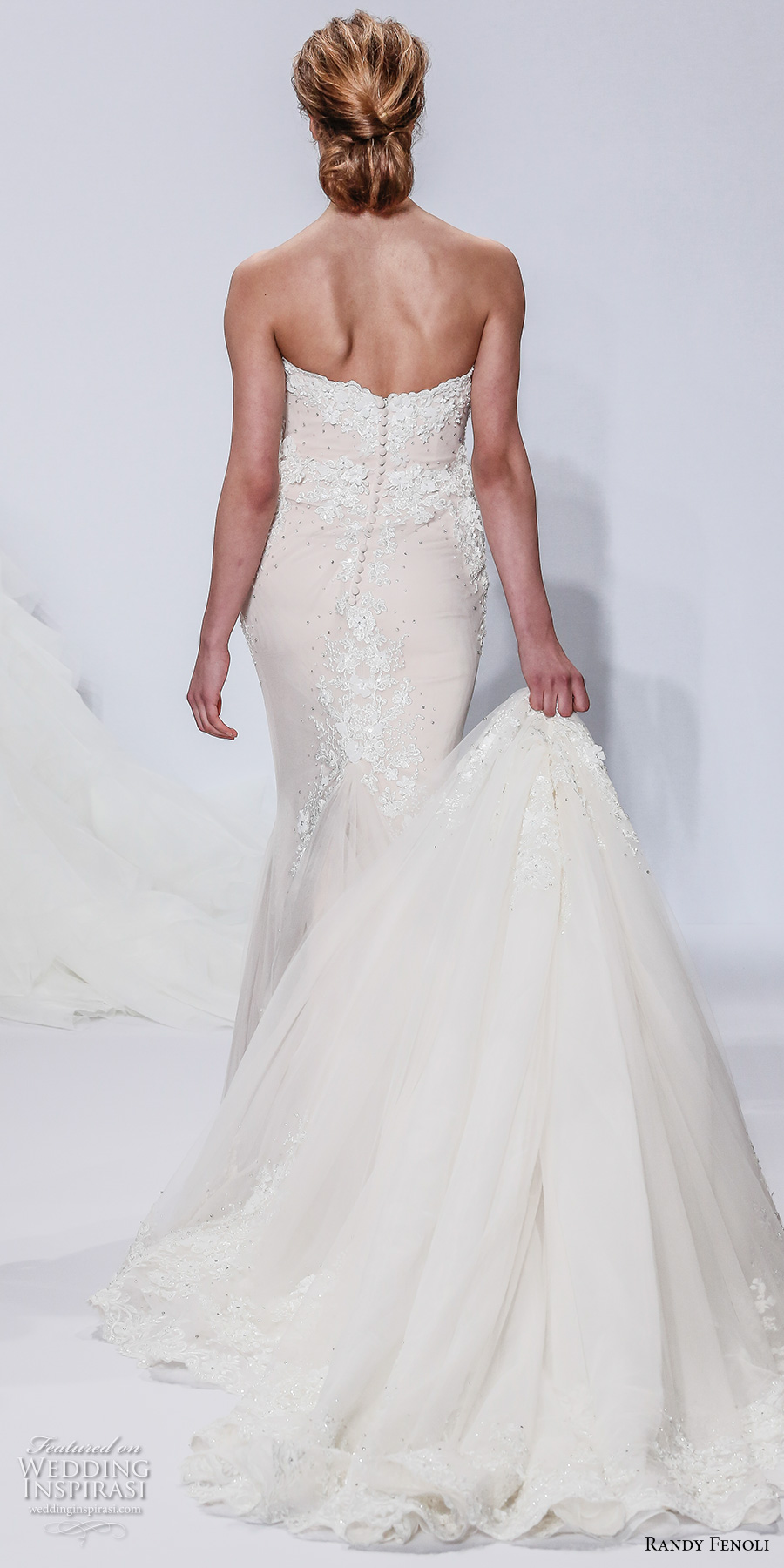 randy fenoli spring 2018 bridal strapless sweetheart neckline heavily embellished bodice elegant romantic fit and flare wedding dress a  line overskirt chapel train (03) bv