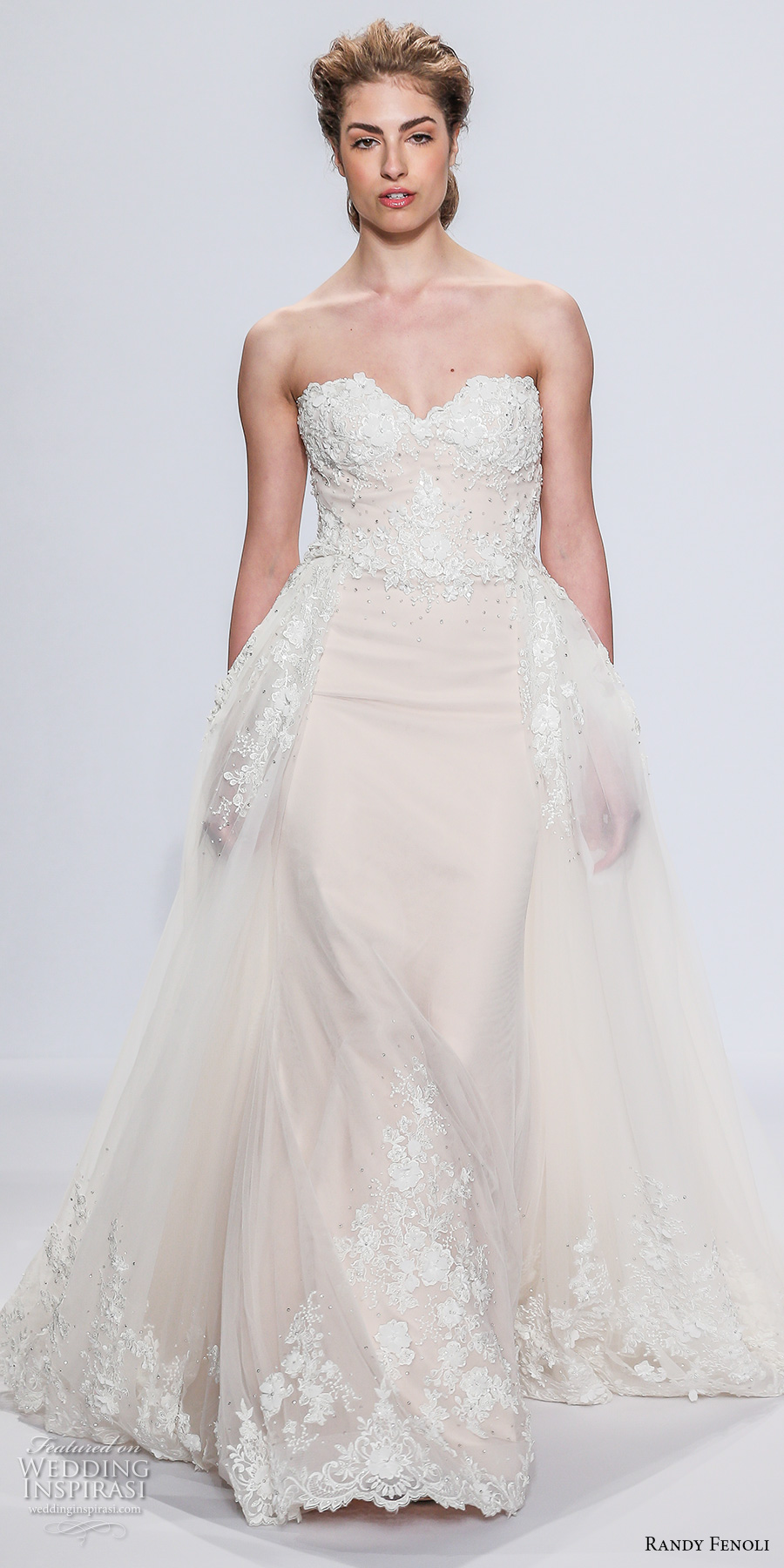 randy fenoli spring 2018 bridal strapless sweetheart neckline heavily embellished bodice elegant romantic fit and flare wedding dress a  line overskirt chapel train (03) mv