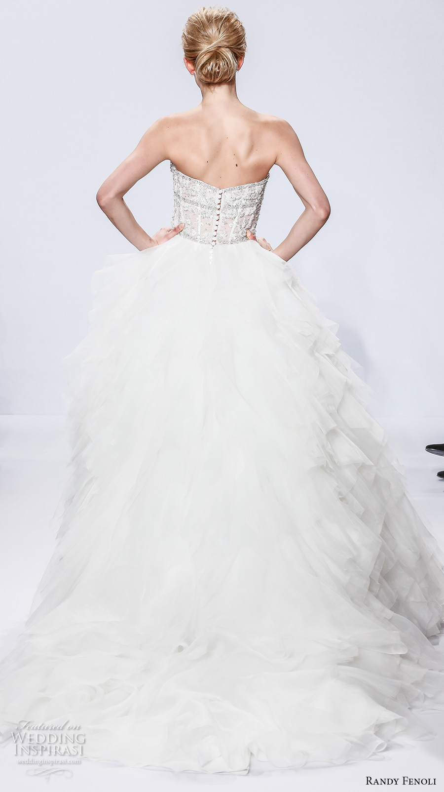 randy fenoli spring 2018 bridal strapless sweetheart neckline heavily embellished bodice ruffled skirt princess ball gown wedding dress chapel train (04) bv