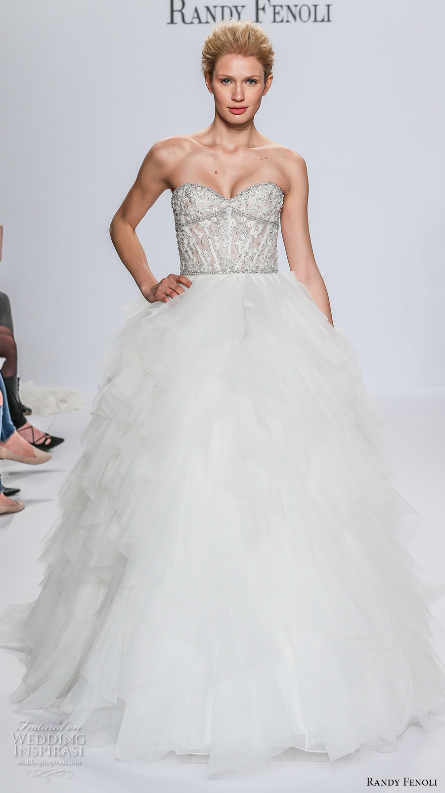 randy fenoli spring 2018 bridal strapless sweetheart neckline heavily embellished bodice ruffled skirt princess ball gown wedding dress chapel train (04) mv